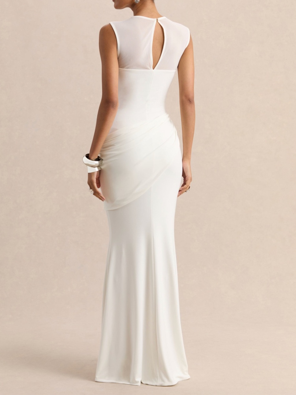 Club L London | Lyssy White High-Neck Maxi Dress With Mesh-Detail - Picture 3 of 7